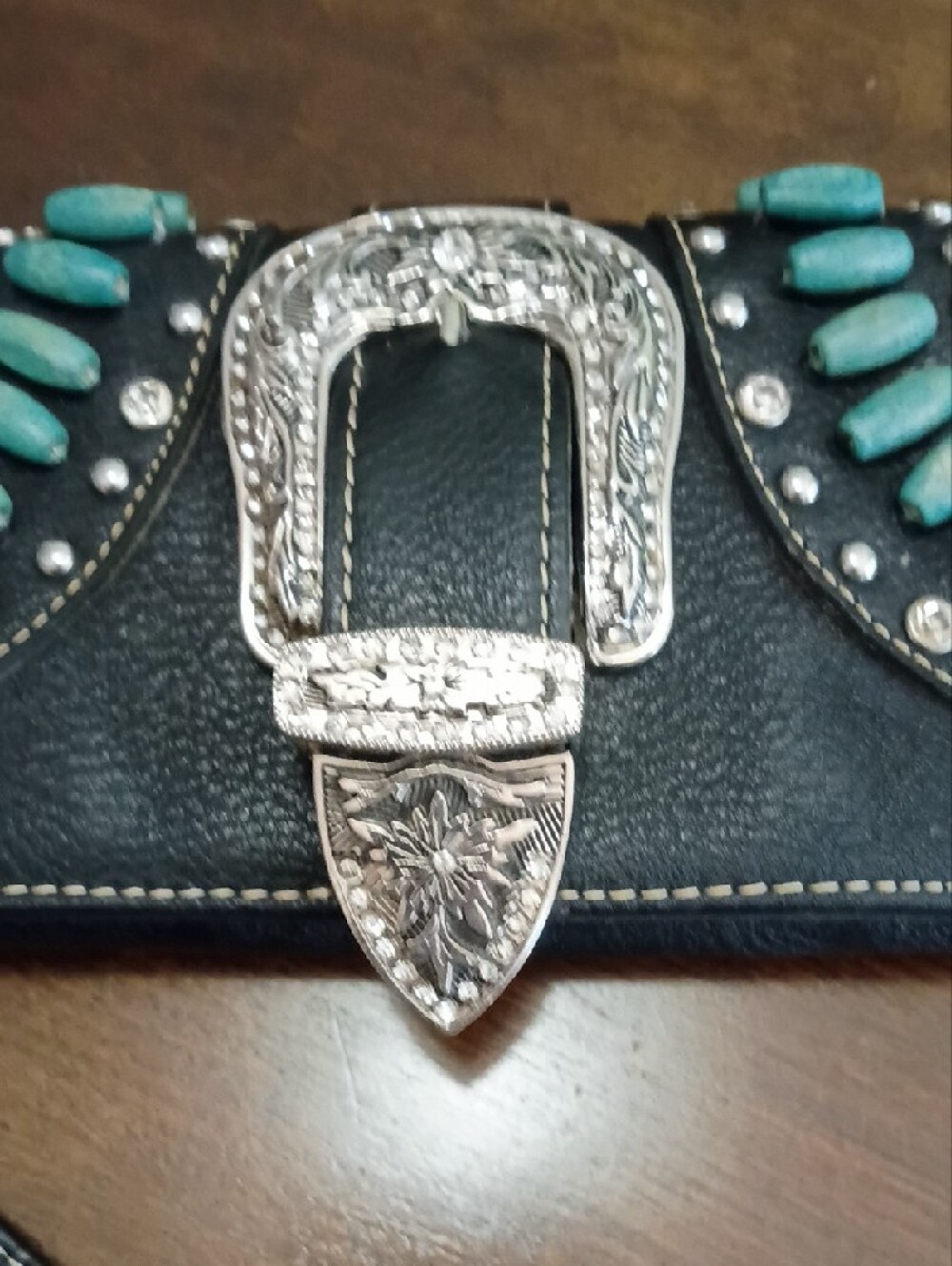 Montana West Euc Black Wallet Wristlet with Turquoise Accent and Silver Buckle - Picture 3 of 13